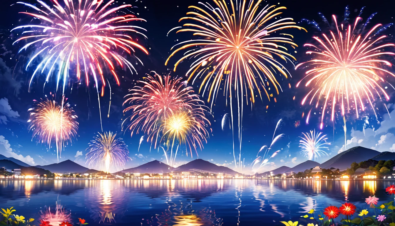 Fireworks display、National Fireworks Festival、lake、Underwater fireworks、Fireworks from the water Fireworks blooming on the water、colorful fireworks、Japan、fireworks