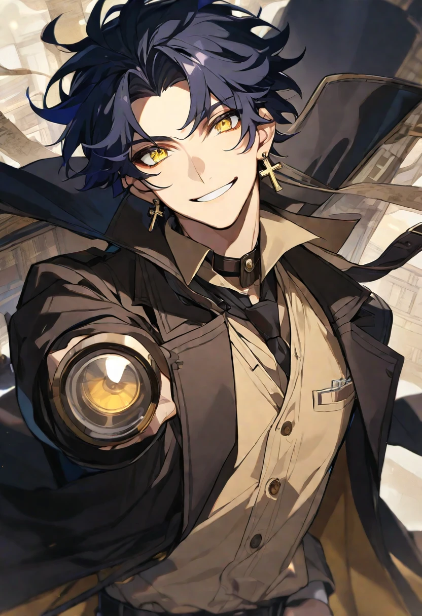 Solo,1 male, dark blue hair, yellow eyes, cross earring, black coat, light brown shirt, detective, smile facial