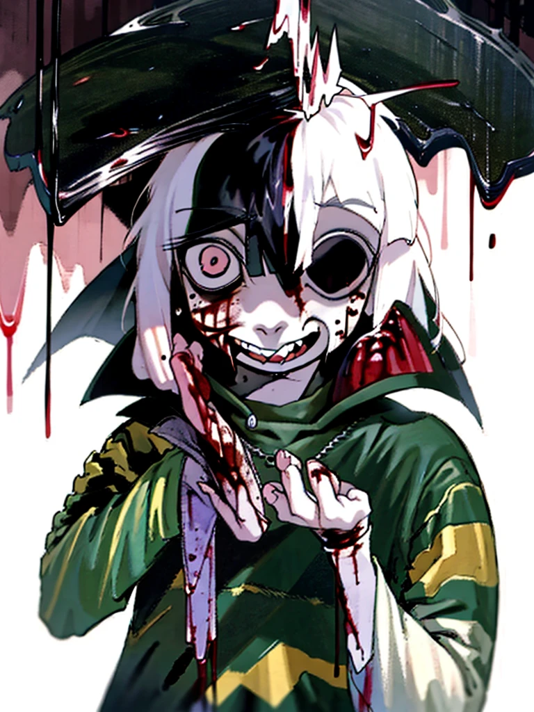 anime character with Blood dripping down his face and hands, gapmoe sick, gapmoe sick grimdark, sick, portrait gapmoe sick grimdark, danganronpa digital art, his eyes are, Bloody + concept art, guweiz, Kaneki Ken, [[Blood]], insane, dark aura