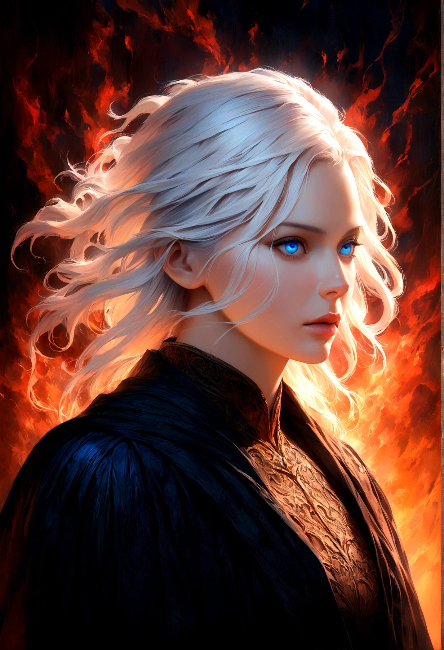 a mysterious and powerful sorcerer, extremely detailed eyes and face, long eyelashes, white hair, blue eyes, , elegant posture, powerful aura, hyper-realistic, 8k, photorealistic, cinematic lighting, dramatic composition, vibrant colors, digital painting, studio lighting, highly detailed, intricate background, dark fantasy, anime style