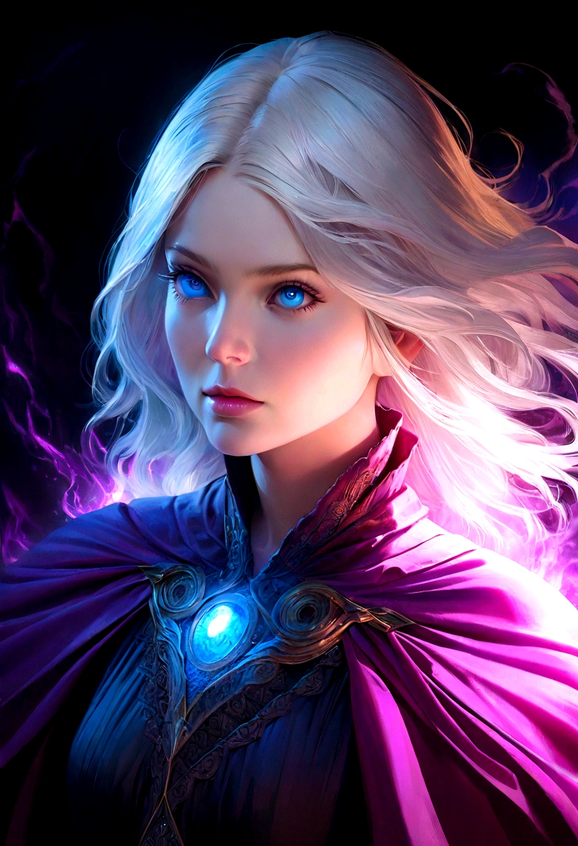 a mysterious and powerful sorcerer, extremely detailed eyes and face, long eyelashes, white hair, blue eyes, , elegant posture, powerful aura, hyper-realistic, 8k, photorealistic, cinematic lighting, dramatic composition, vibrant colors, digital painting, studio lighting, highly detailed, intricate background, dark fantasy, anime style