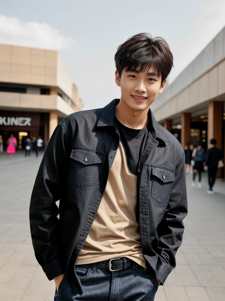 独奏: 1.5, (As a matter of fact, Masterpiece, 8k HD, good light quality, sportswear, fit the face, complicated details), A handsome Korean young man with muscular arms. , 20 years old, be happy, smile brightly, detailed face, delicate eyes, look at the sky, Wear a tight black t-shirt.:1.6 ,Wear a denim coat., jeans period, black eyes, Black hair color, ผมsmooth, smooth，Surreal，Awesome details，Highest quality，real，Open your mouth to talk. , Close your eyes., (standing in department store:1.5)