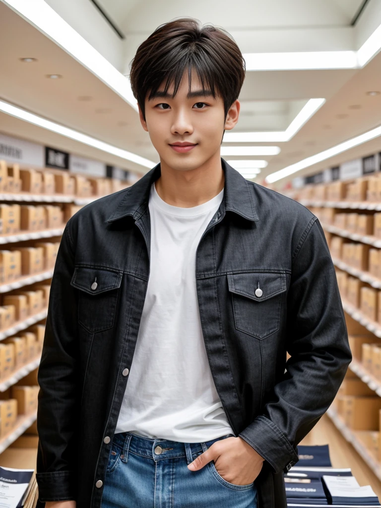 独奏: 1.5, (As a matter of fact, Masterpiece, 8k HD, good light quality, sportswear, fit the face, complicated details), A handsome Korean young man with muscular arms. , 20 years old, be happy, smile brightly, detailed face, delicate eyes, look at the sky, Wear a tight black t-shirt.:1.6 ,Wear a denim coat., jeans period, black eyes, Black hair color, ผมsmooth, smooth,Surreal,Awesome details,Highest quality,real,Open your mouth to talk. , Close your eyes., (standing in department store:1.5)