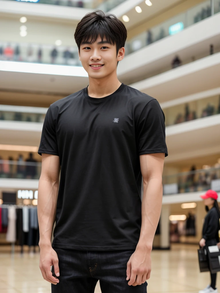 独奏: 1.5, (As a matter of fact, Masterpiece, 8k HD, good light quality, sportswear, fit the face, complicated details), A handsome Korean young man with muscular arms. , 20 years old, be happy, smile brightly, detailed face, delicate eyes, look at the sky, Wear a tight black t-shirt.:1.6 ,Wear a denim coat., jeans period, black eyes, Black hair color, ผมsmooth, smooth，Surreal，Awesome details，Highest quality，real，Open your mouth to talk. , Close your eyes., (standing in department store:1.5)