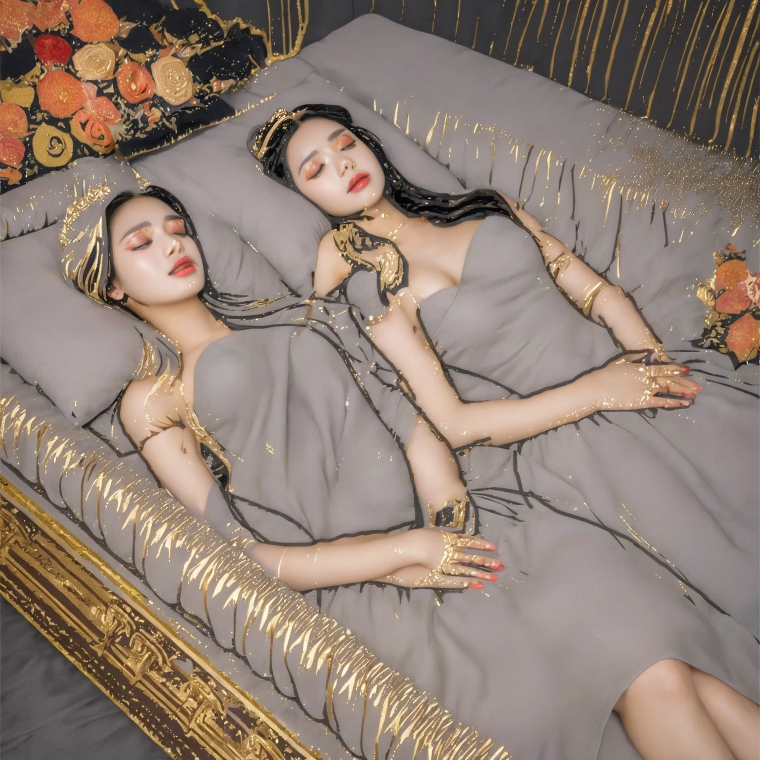A masterpiece of photorealistic art! In a stunning 8K HDR image, a beautiful Korean woman, 22 years old, sits elegantly in a deep black coffin with plush pillows. Her exquisite kebaya attire is adorned with superb embroidery, showcasing her round and firm breasts, perfect cleavage, and defined eyebrows. Her face is flawless, with clean skin and luscious eyelashes. She wears a sleeveless dress with an absolute visible cleavage, complemented by a big, flowy ball skirt. Her eyes are closed, and her mouth is slightly parted, giving the impression of serenity. The black background and coffin-like box create a striking contrast to the vibrant colors of her outfit. Every detail, from the intricate embroidery to the subtle curves of her body, is meticulously rendered in high definition, inviting the viewer to step into this beautiful Balinese temple setting.