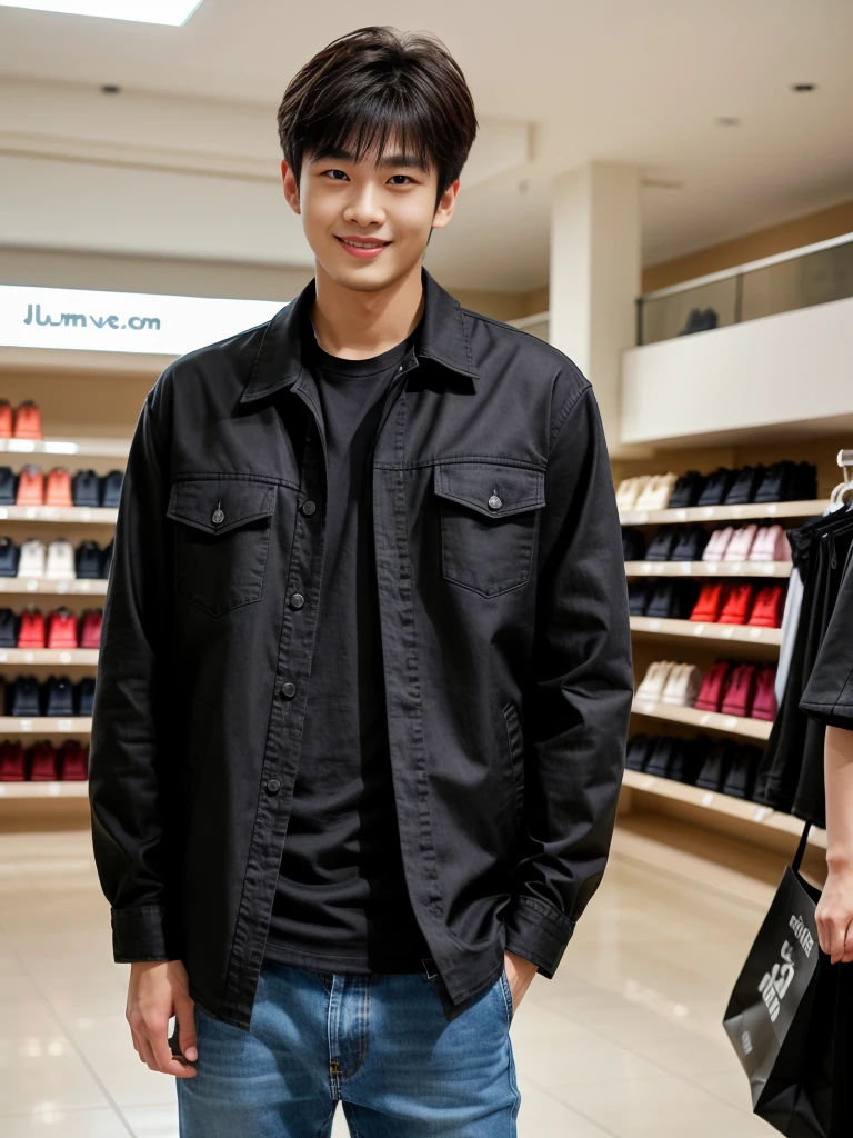 独奏: 1.5, (As a matter of fact, Masterpiece, 8k HD, good light quality, sportswear, fit the face, complicated details), A handsome Korean young man with muscular arms. , 20 years old, be happy, smile brightly, detailed face, delicate eyes, look at the sky, Wear a tight black t-shirt.:1.6 ,Wear a denim coat., jeans period, black eyes, Black hair color, ผมsmooth, smooth，Surreal，Awesome details，Highest quality，real，Open your mouth to talk. , Close your eyes., (standing in department store:1.5)