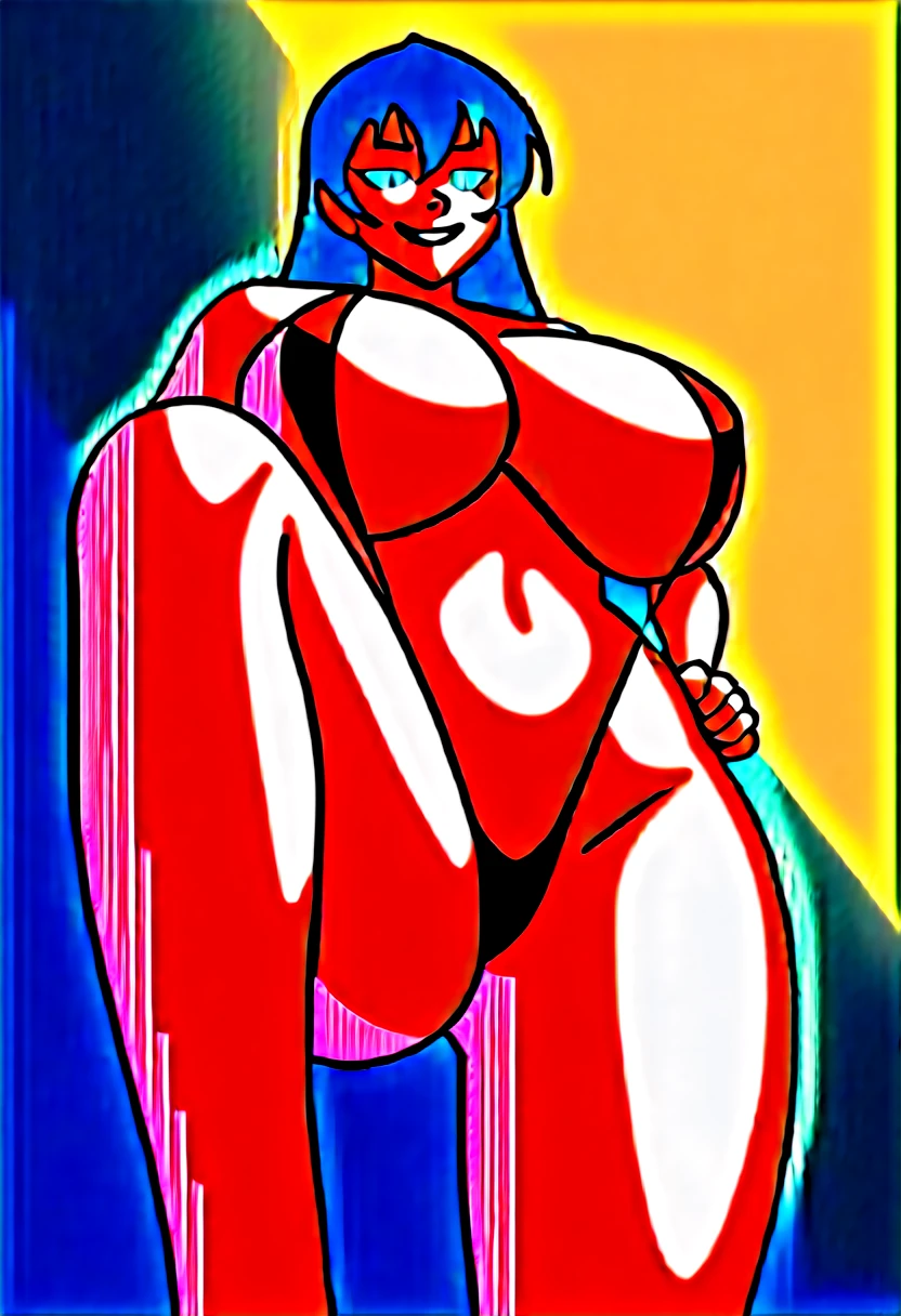 score_9, score_8_up, score_7_up, score_6_up, source_anime, source_hentai, uncensored, IgawaAsagi, 1girl, long hair, hair between eyes, black hair, blue hair, green eyes, absurdres, (intricate details), (colorful), cinematic lighting, 1girl, from below, slingshot swimsuit, exhausted, heavy breathing, evil smile, Beautiful body, navel, gigantic breasts, (narrow_waist), standing, ((arm on hip, plump, thick, one leg up)), (((milf, from below, Shiny Skin))), looking at viewer, closed mouth, plain background, (masterpiece:1.4), (best quality:1.4),
