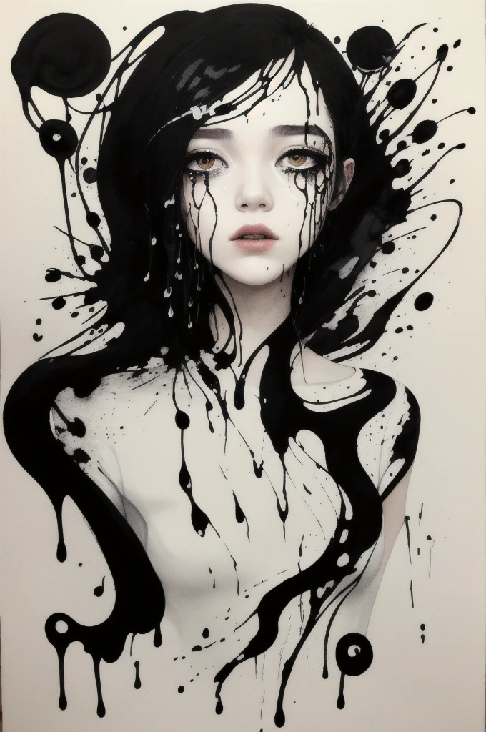 (masterpiece, best quality), abstract:1.3, art, drawing of a young woman, upper body, floating torso, crying, black liquid void eyes, in center cream paper, clevage, shirt, black ink medium, medium hair style, facing veiwer, dripping ink, (glossy), ink splatters,