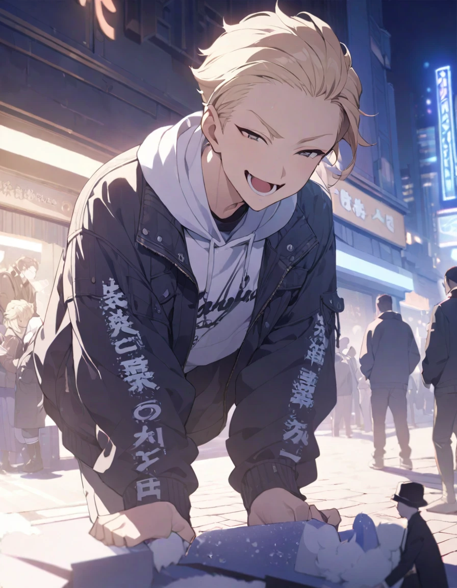masterpiece,Highest quality,Super detailed,figure,Delicate and detailed,Intricate details,Cinematic Light,Highest qualityのバックライト,1 male, Short fluffy blonde hair, head tilted back, smile, Handsome, Open your mouth, Smug eyes, cool illustration, Street style clothing, birthday,Waiting for the start while stuffing cake into my mouth