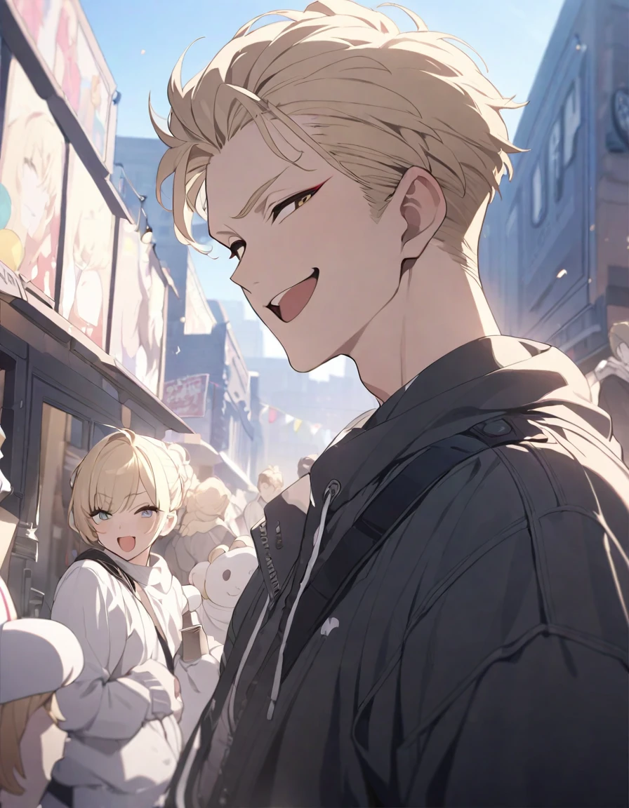 masterpiece,Highest quality,Super detailed,figure,Delicate and detailed,Intricate details,Cinematic Light,Highest qualityのバックライト,1 male, Short fluffy blonde hair, head tilted back, smile, Handsome, Open your mouth, Smug eyes, cool illustration, Street style clothing, birthday,Waiting for the start while stuffing cake into my mouth