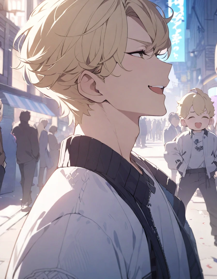 masterpiece,Highest quality,Super detailed,figure,Delicate and detailed,Intricate details,Cinematic Light,Highest qualityのバックライト,1 male, Short fluffy blonde hair, head tilted back, smile, Handsome, Open your mouth, Smug eyes, cool illustration, Street style clothing, birthday,Waiting for the start while stuffing cake into my mouth