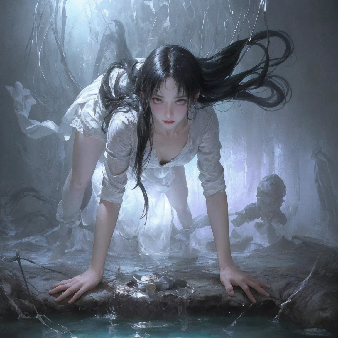 horror movie, yamamura sadako, ghost crawling out of static lighting CRT television like through a portal,  (crawling pose),large bedroom, sofa, furniture, both hands on the floor, bending over in crawling pose with two hands press on the floor , Evoking the dread of "Ju-on" and "The Ring,"super long black hair,A face marred by decay, festooned with wounds, and eyes bearing the scars of burns,wearing white robe, ,,bending over from the tv screen frame, ugly, hatred expression,,creepy look, ((An old water well and forests shown in the lighting tv screen frame)). an eerie glow emanates from the television screen, casting sinister silhouettes across the walls. begins her haunting emergence. Half-emerged, her spectral fingers grip the ground, blurring the lines between the digital and the physical, 