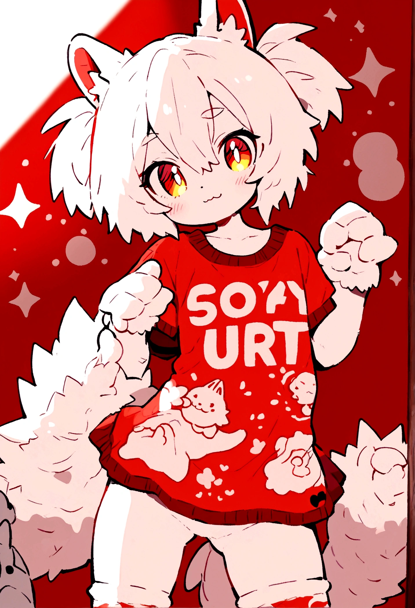 ((Best quality)), ((masterpiece)), (detailed), furry, white fur, ultra cute face, red elements on fur, glowing t-shirt, beautiful lights and shadows, ambient light, ultra detailed fur, volumetric light, Fishnet stockings, v6 naked, very horny look,
