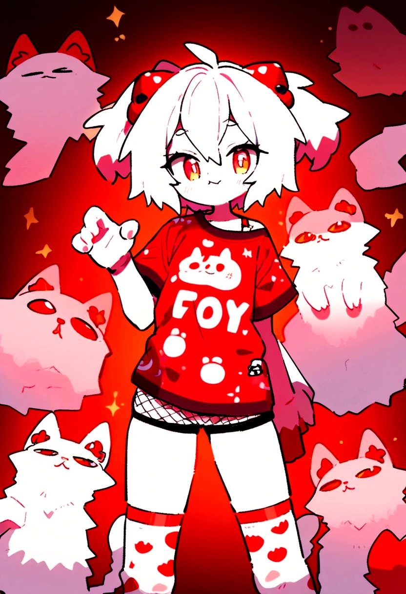 ((Best quality)), ((masterpiece)), (detailed), furry, white fur, ultra cute face, red elements on fur, glowing t-shirt, beautiful lights and shadows, ambient light, ultra detailed fur, volumetric light,  Fishnet stockings, v6 naked, very horny look,