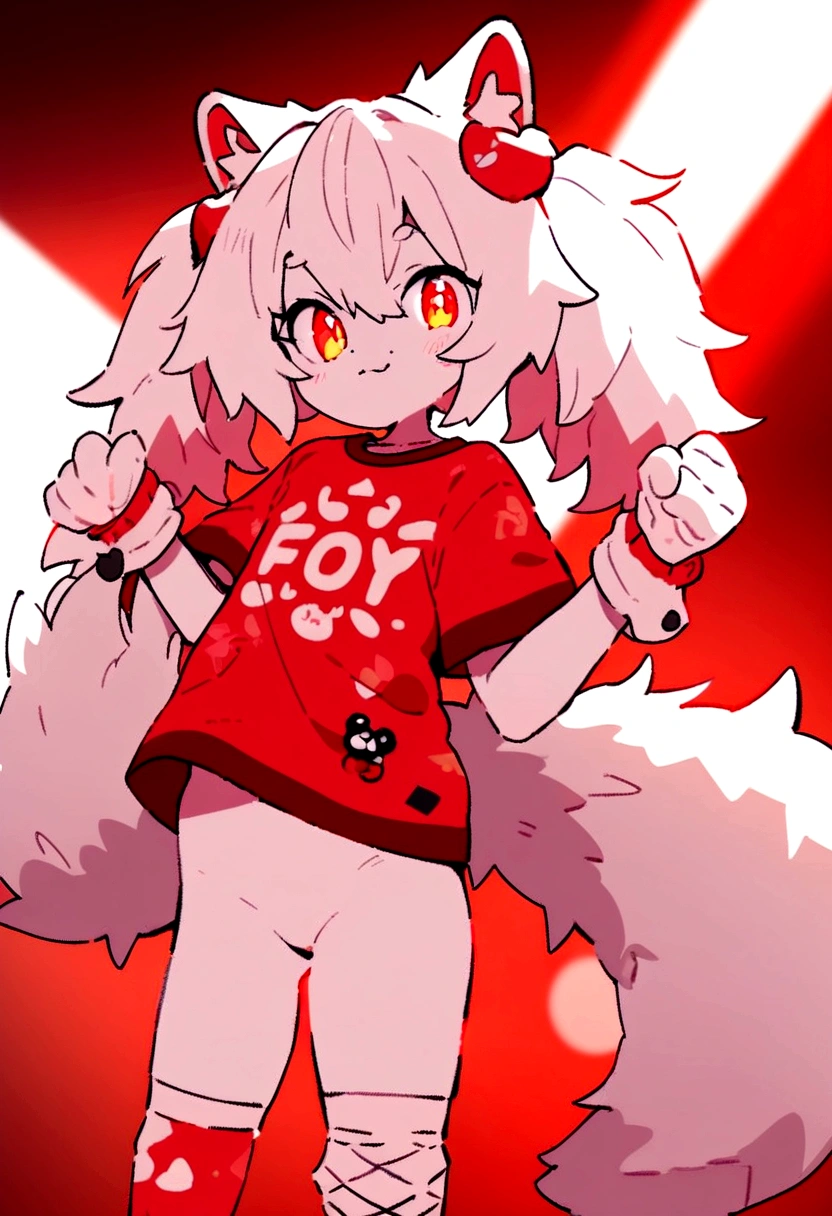 ((Best quality)), ((masterpiece)), (detailed), furry, white fur, ultra cute face, red elements on fur, glowing t-shirt, beautiful lights and shadows, ambient light, ultra detailed fur, volumetric light,  Fishnet stockings, v6 naked, very horny look,