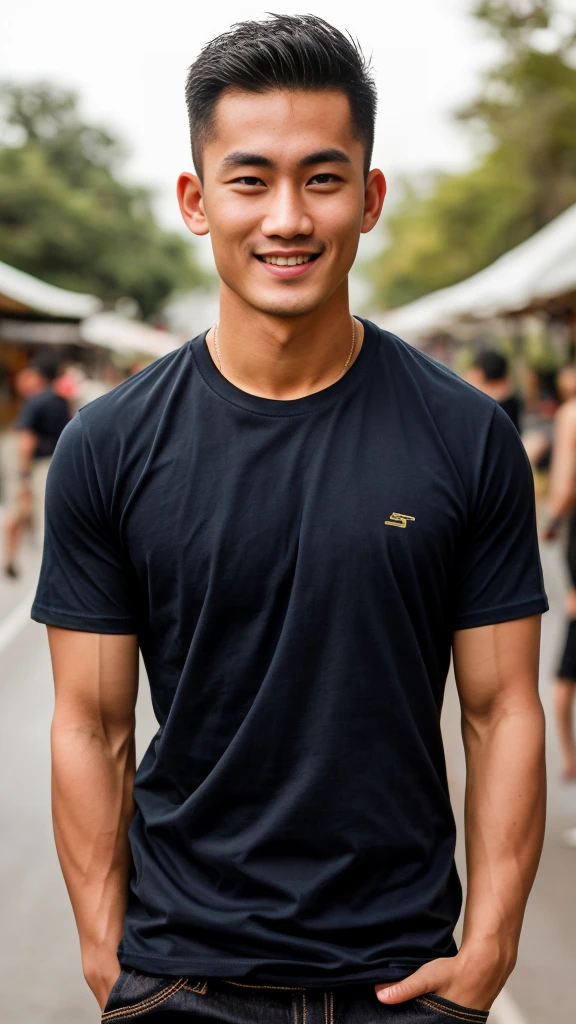 Thai man ,man,He is about 30 years old..,Rough and handsome appearance,large breastsj,Big waistline,buzz cut, angry, sullen, best quality, Masterpiece,(Have muscles:4.5),(best quality,high resolution,Masterpiece:1.2),The eyes are natural and delicate..,1 person,alone,gay asian,muscle,Long legs,brave,short hair details,conjunctivitis ,strong,brown eyes, (outdoor background road :1.5),in the market,sit (dark blue t-shirt:1.3),Jeans ,smile