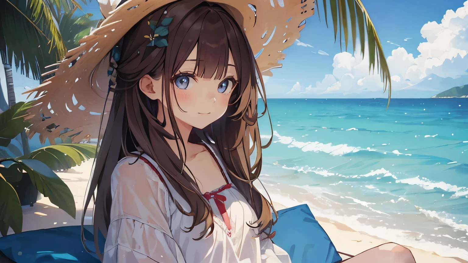 masterpiece、Highest quality、Highest quality、(((upon)))、 ((small))、20-year-old female、smile、Brown Hair, Hair quality and shine、顔がsmall、Sitting、Very detailed, beautiful, Big eyes、Super detailed, clear and beautiful faces、(Cute illustrations:1.2), High resolution, Super detailed, Highest quality,Summer clothes are embarrassing 、Ocean、Tropical atmosphere、Relaxing