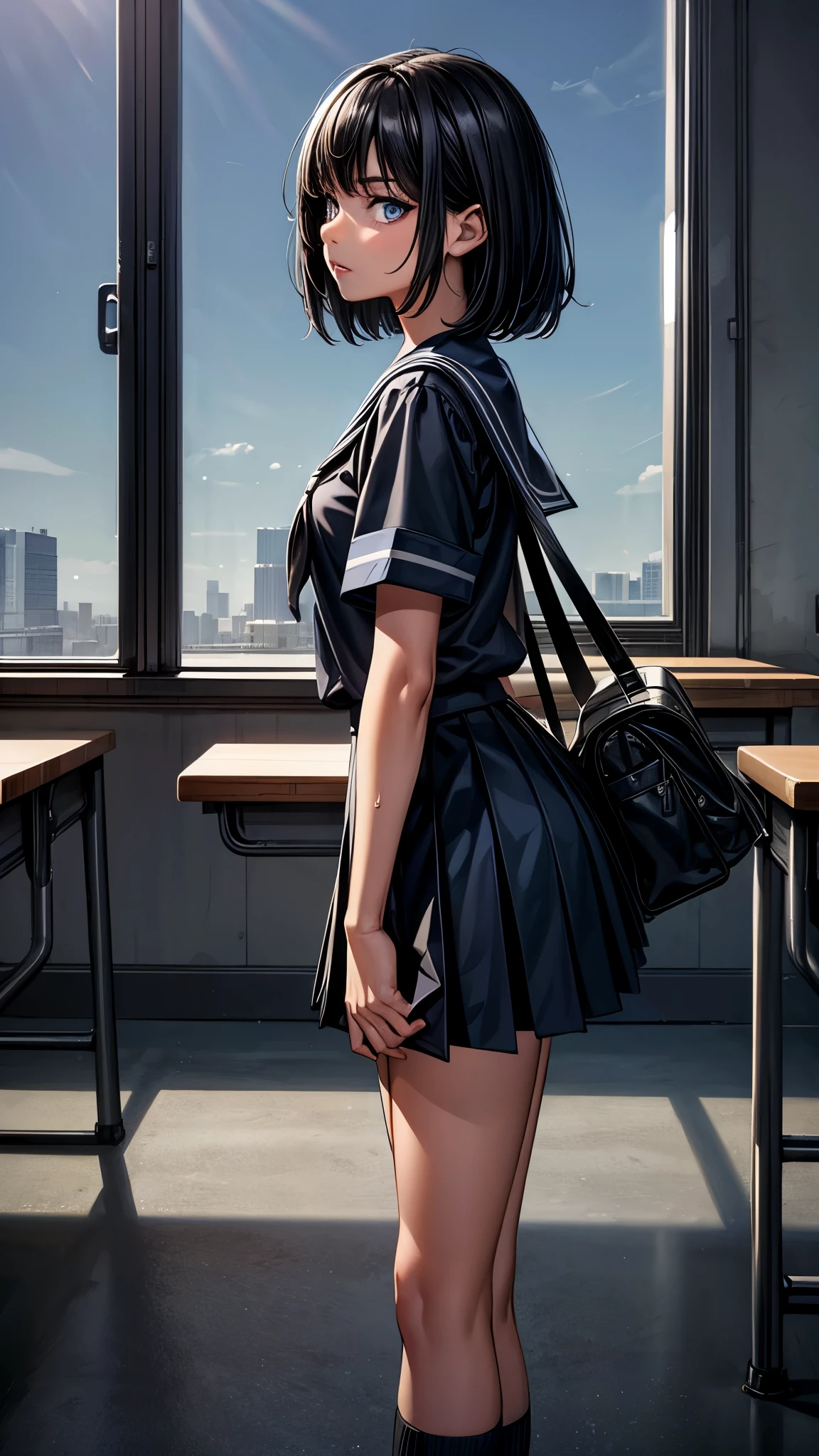 (From side2.0),beautiful detailed eyes, beautiful detailed lips, extremely detailed eyes and face, longeyelashes, 1 girl, face close up, inside the school, inside the classroom, 16 years old, sweat, dark skin color, (very short black hair),displeased, sulky, sailor suit, dark blue color, white shirts, short sleeve, school, dark blue skirt, black skirt, high socks, sneaker, school bag, best quality, 4k, 8k, highres, masterpiece:1.2, ultra-detailed, realistic, photorealistic, photo-realistic:1.37, HDR, UHD, studio lighting, ultra-fine painting, sharp focus, physically-based rendering, extreme detail description, professional, vivid colors, bokeh, portraits