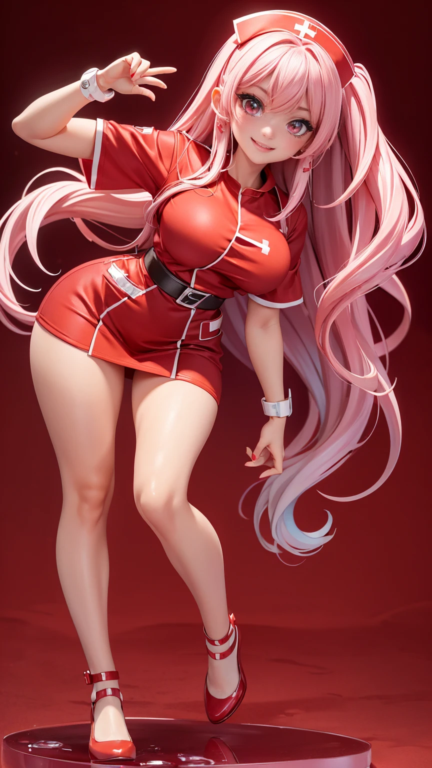 ((full_body))、Cute Woman、red_background、big_breasts、Detailed_skin、Detailed_Eye、Detailed_hair、(nurse_custom)、POP、vivid、smile、sexy_pose、フィギュア、服がはだけている