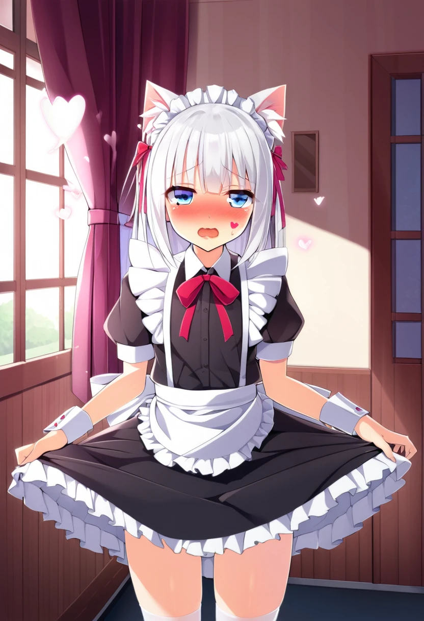 one girl, cat ears, white hair, naive, aphrodisiac, maid, light blue eyes, blush, erotic hypnosis, standing, face focus, shy, bow, heart mark, , open mouth, sexy mouth