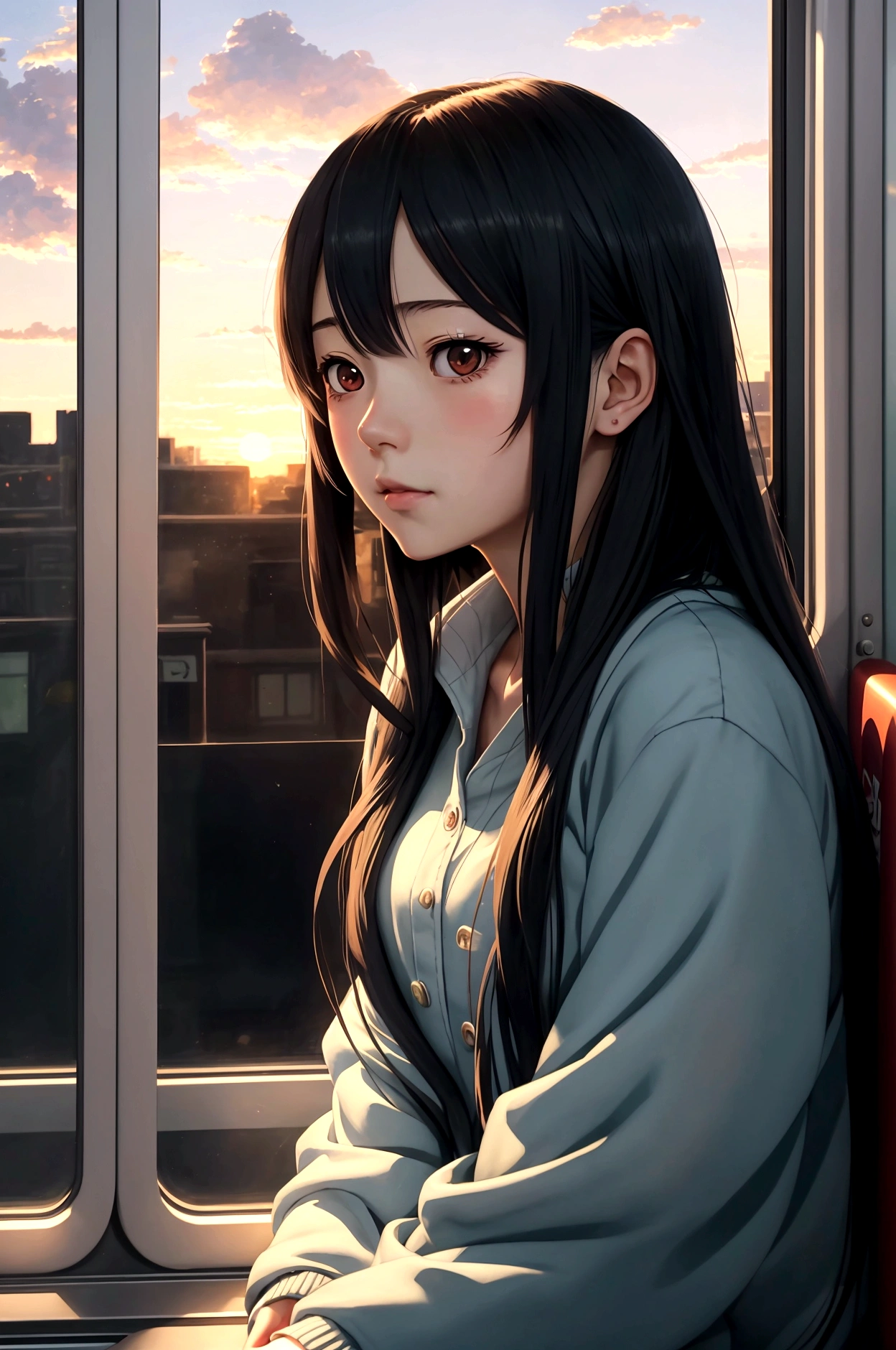 Anime girl sitting on the train looking out the window, Beautiful anime portrait, Portrait of Lofy at a window, beautiful anime girl, Portrait of Lofy, Lofi Girl, Portrait anime girl, guweiz style artwork, High quality portrait, with sunset, Charming anime girl, Cute anime girl, Realistic cute girl painting, anime style. 8K