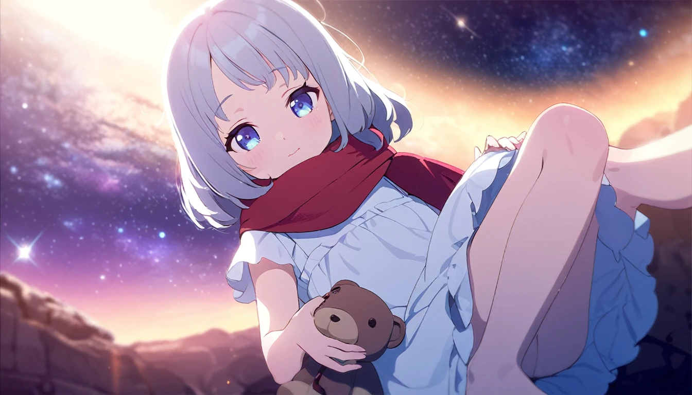 (((masterpiece))), (((best quality))),(((high detail))),light manipulation, girl with long silver hair, gradient purple to sky blue eyes, wearing a white dress, a red scarf, (((li))), (((ch) , galaxy background, holding a teddy bear, feet, no footwear