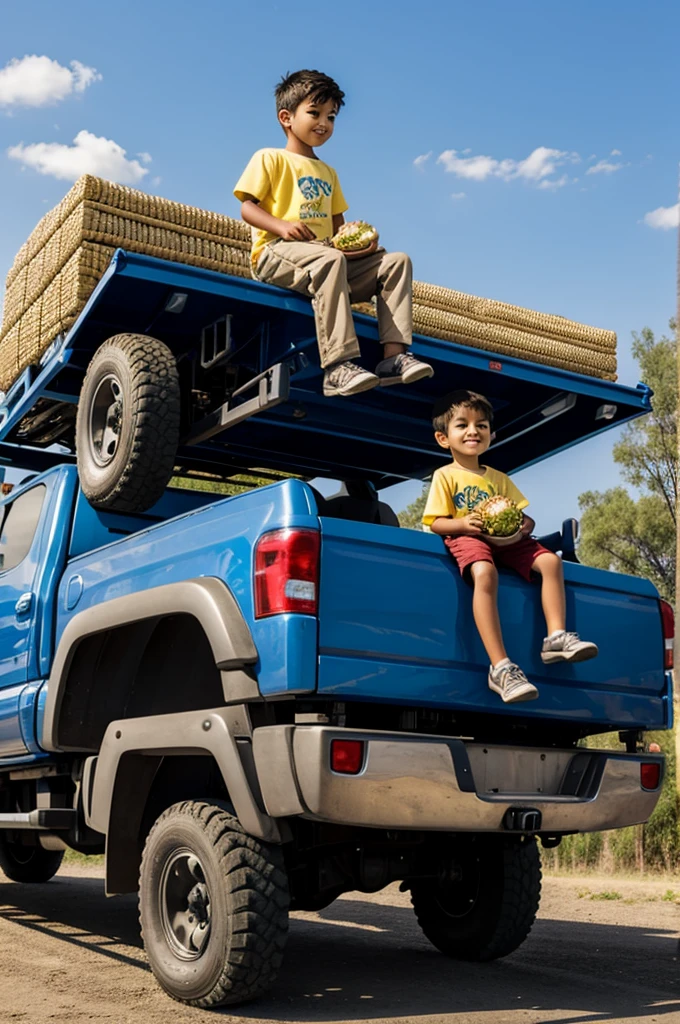 boy sits on a truck made of onionsboy sits on a truck made of onions