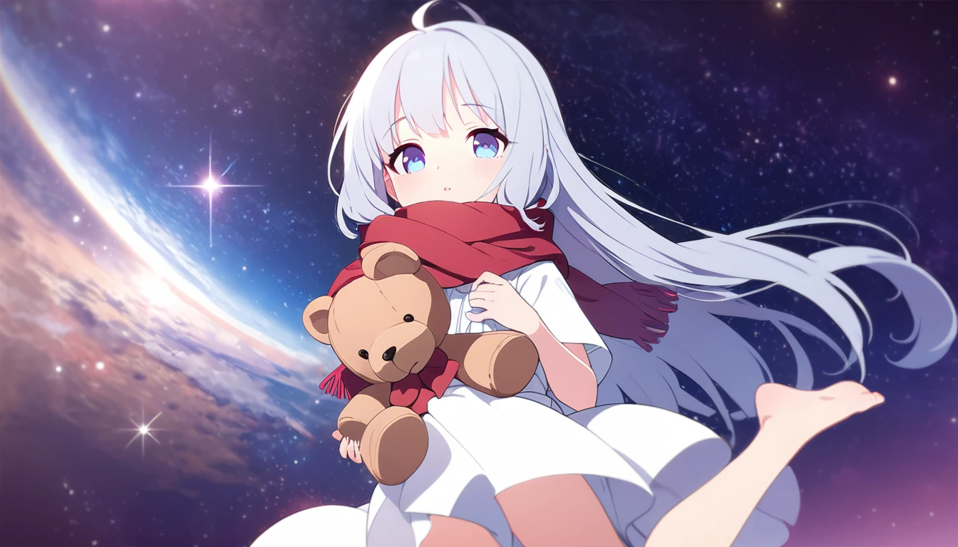 (((masterpiece))), (((best quality))),(((high detail))),light manipulation, girl with long silver hair, gradient purple to sky blue eyes, wearing a white dress, a red scarf, (((li))), (((ch) , galaxy background, holding a teddy bear, feet, no footwear