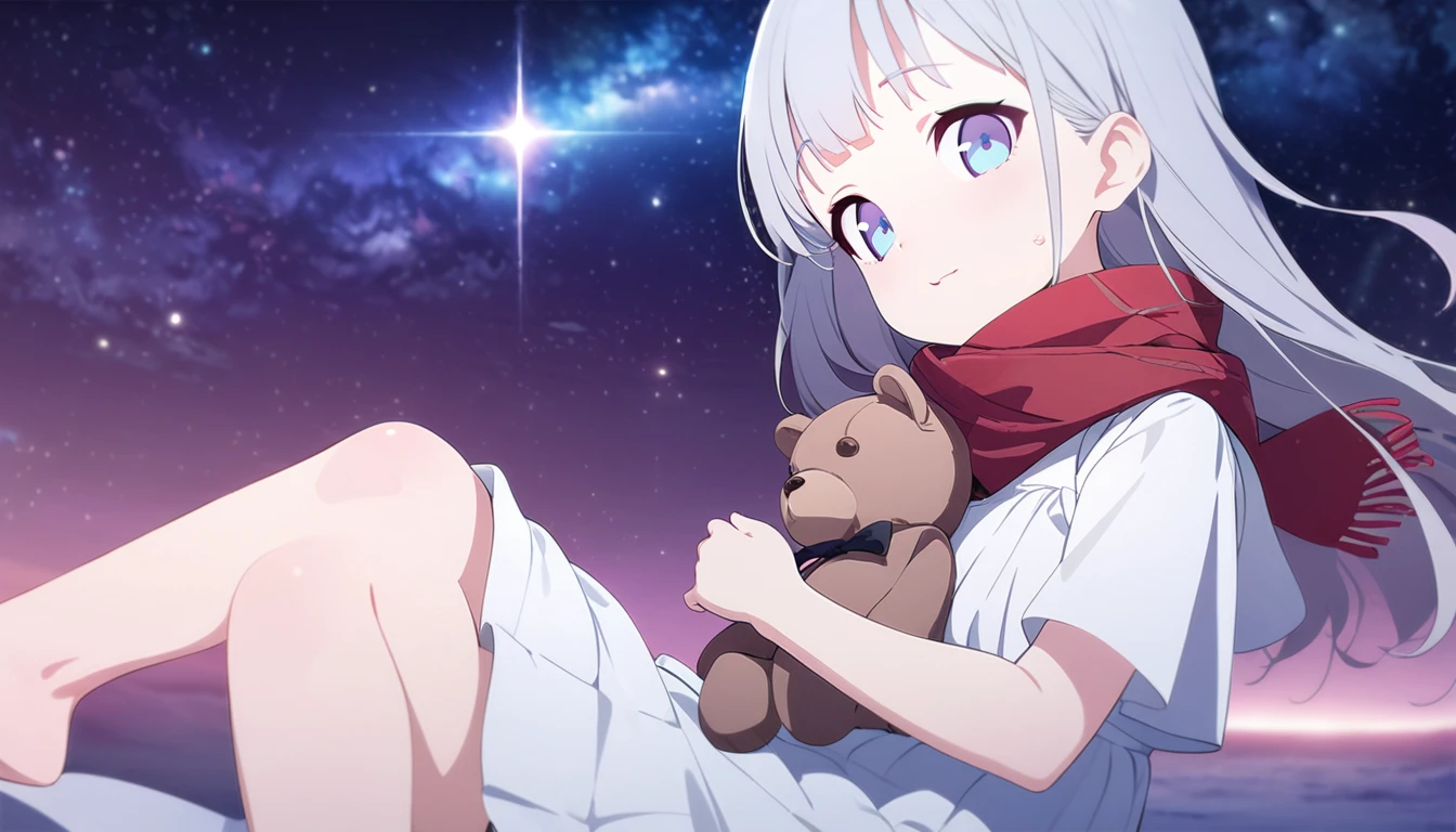 (((masterpiece))), (((best quality))),(((high detail))),light manipulation, girl with long silver hair, gradient purple to sky blue eyes, wearing a white dress, a red scarf, ((())), (((child))) , galaxy background, holding a teddy bear, feet, no footwear