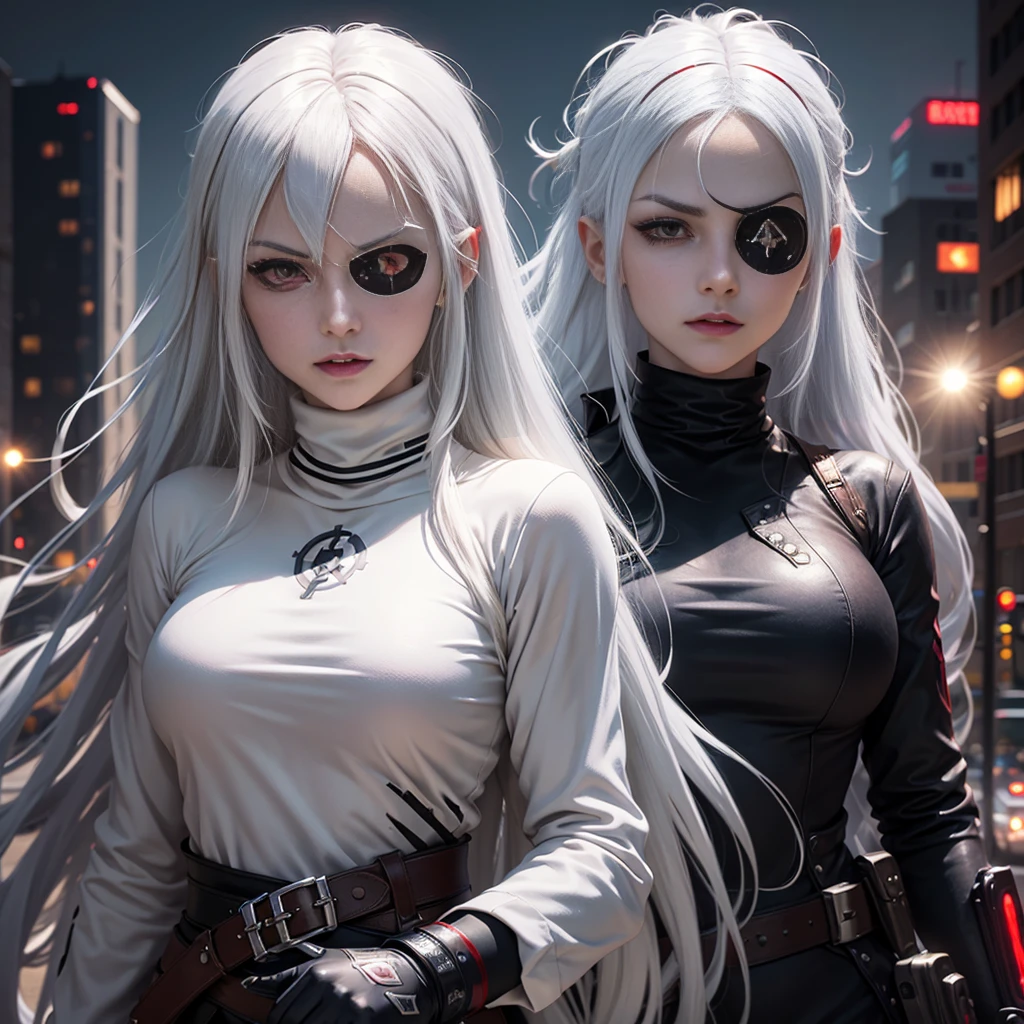 1girl, (solo), anime girl with long white hair and red eyes, girl with white hair, girl in white turtleneck, ((eyepatch)), pointed ears, ((vampire)), smirk, smug, closed mouth, cowboy shot, perfect white haired girl, white haired deity, digital cyberpunk anime art, turtleneck, lens flare, ((dramatic lighting)), soft glowing red eyes, extremely detailed, masterpiece, looking at viewer, city in background, (night)