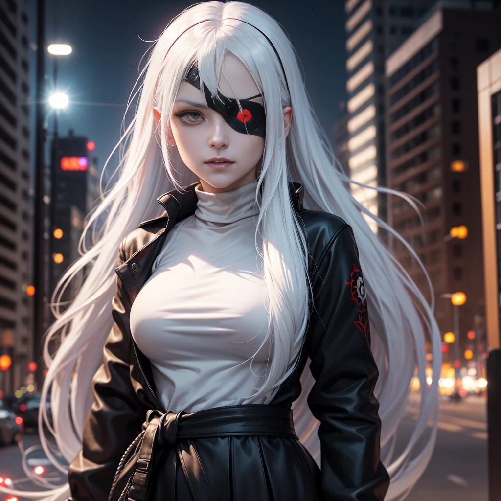 1girl, (solo), anime girl with long white hair and red eyes, girl with white hair, girl in white turtleneck, ((eyepatch)), pointed ears, ((vampire)), smirk, smug, closed mouth, cowboy shot, perfect white haired girl, white haired deity, digital cyberpunk anime art, turtleneck, lens flare, ((dramatic lighting)), soft glowing red eyes, extremely detailed, masterpiece, looking at viewer, city in background, (night)