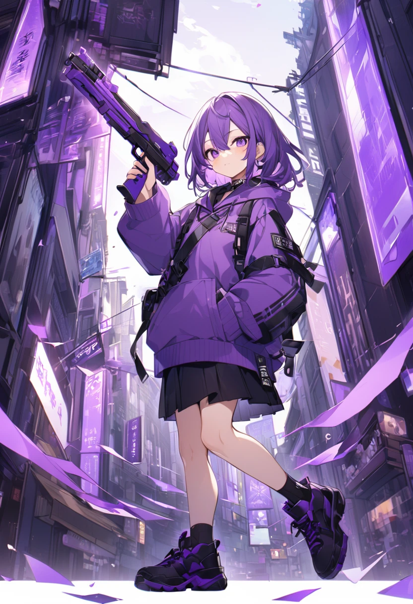 Keito。Purple Eyes。Purple Hair。Purple Skirt。Black shoes下。Black shoes。Purple hoodie。Purple City。Purple Gun
