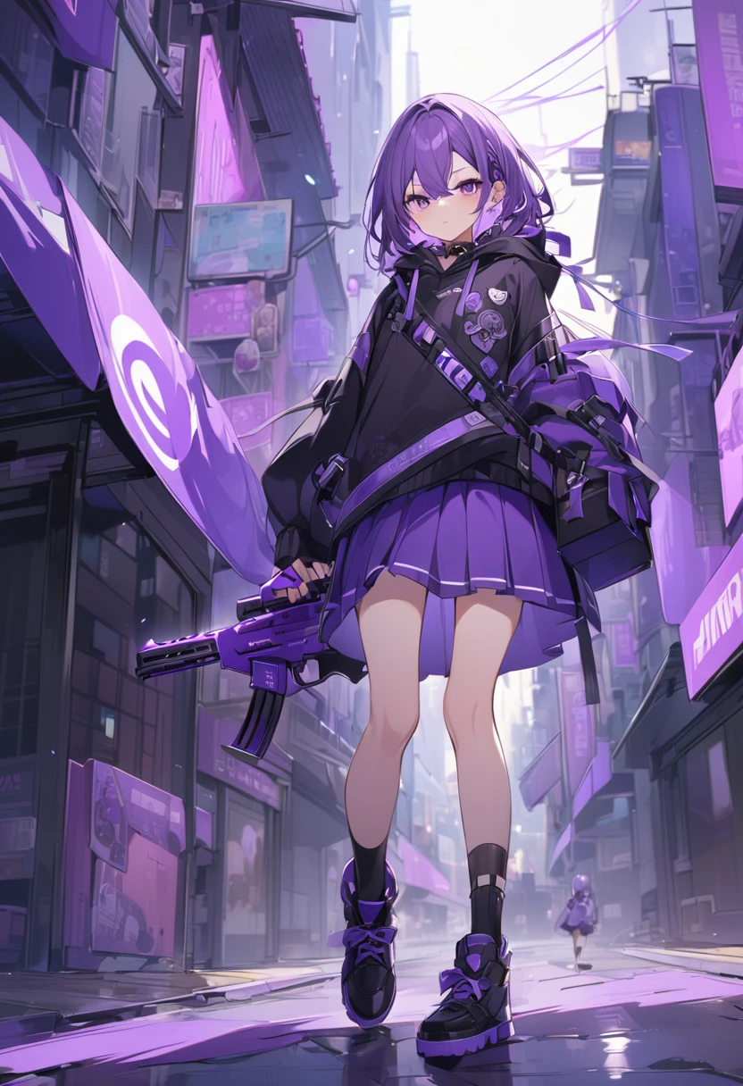 Keito。Purple Eyes。Purple Hair。Purple Skirt。Black shoes下。Black shoes。Purple hoodie。Purple City。Purple Gun