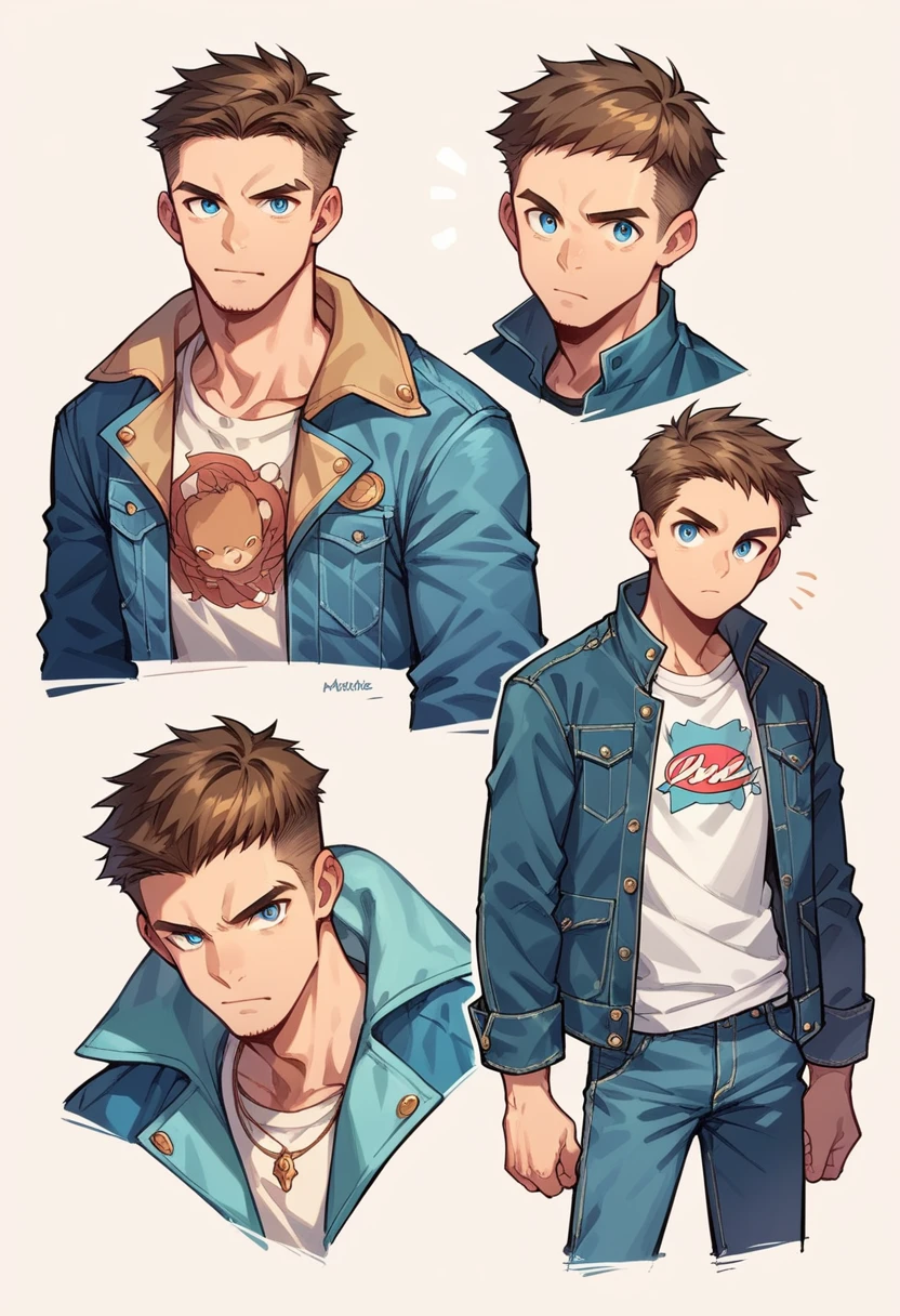  Human Male  adult, Skin White   , Brown haircut, blue pupils, wearing Pants , wearing Denim Jacket , poses ,