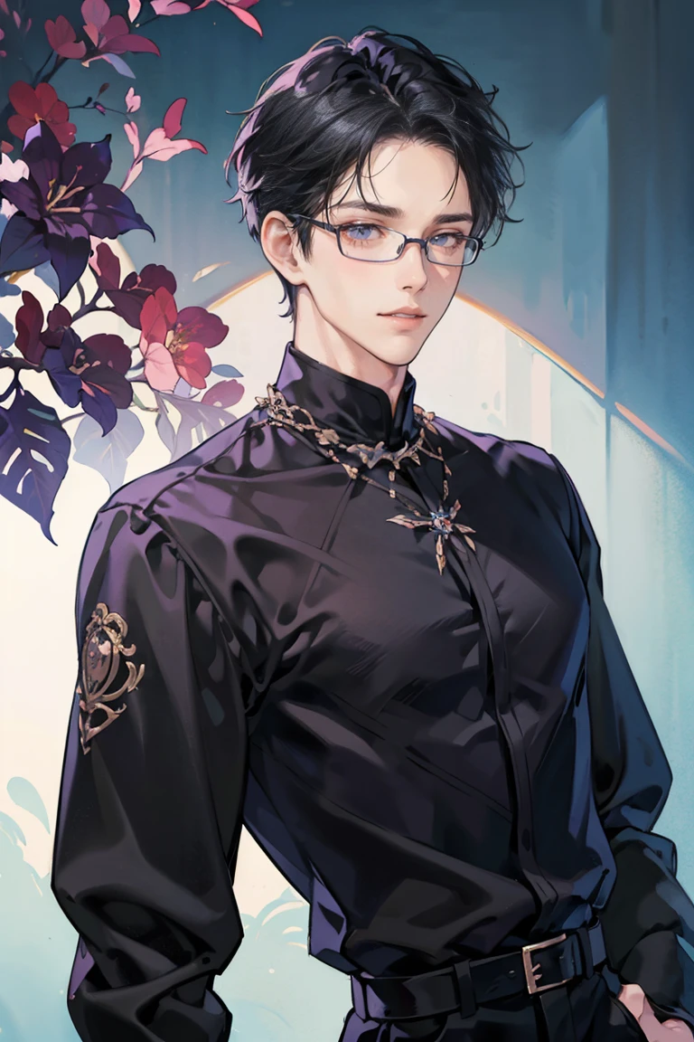 (masterpiece), best quality, seductive eyes, mature but pretty face, prince-like face, handsome man, purple eyes, middle part haircut, short length black hair, black shirt, black pants, close up view, broad shoulders, anime cover, 1boy, masculine, glasses