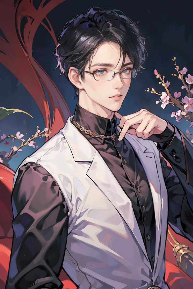 (masterpiece), best quality, seductive eyes, mature but pretty face, prince-like face, handsome man, purple eyes, middle part haircut, short length black hair, black shirt, black pants, close up view, broad shoulders, anime cover, 1boy, masculine, glasses