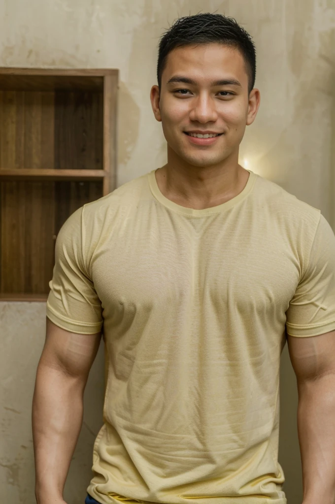 ((Highest quality, 8K, Masterpiece: 1.3))、Thailand Laos Burma Asia, Thai man, A handsome Asian rugby player with short hair, a muscular beard, and big muscles., 1A man who has、 yo、Good appearance、Beautiful nose、smile、 Detailed eyes and face、beautiful light、(studio)、high resolution、(Look at the viewer.)、Fine mouth、smile、whole body: 1.5, perfect shape: 1.3, Picture of both shoulders:1.3, Dark yellow round neck t-shirt:1.5