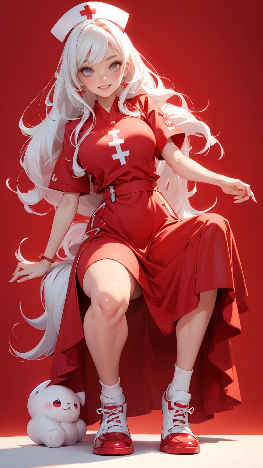 ((full_body))、Cute Woman、red_background、big_breasts、Detailed_skin、Detailed_Eye、Detailed_hair、(nurse_custom)、POP、vivid、smile、sexy_pose、フィギュア、服がはだけている