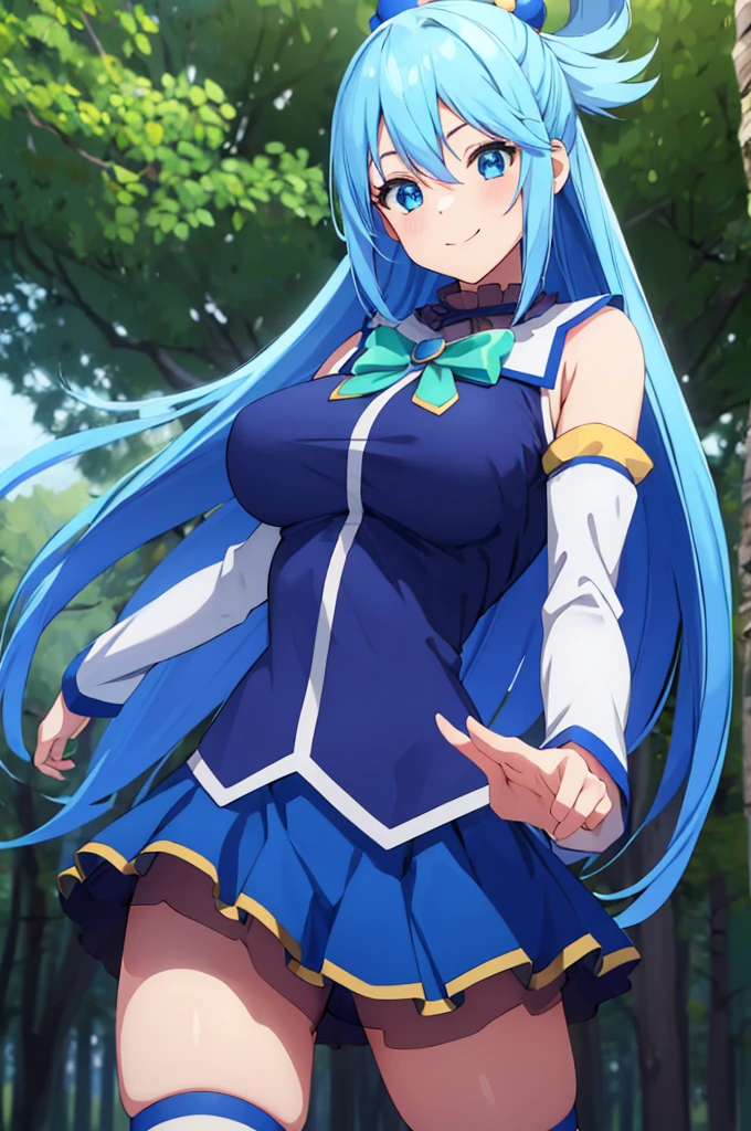 (masterpiece:1.3), (best quality:1.1), (8k, ultra detailed, ultra high res:1.2), ((anime style)), perfect 5 fingers, perfect anatomy, 
1girl,
Aqua \(konosuba\),
long hair, single hair ring, 
blue hair, 
(blue eyes:1.2), (beatiful detailed eyes:1.2), smile, dynamic pose, heart hands, 
green bow, 
medium breasts, 
BREAK blue shirt, blue skirt, white thighhighs, bare shoulders, detached sleeves, zettai ryouiki, 
looking at viewer, 
cowboy shot, 
standing, 
natural light, outdoor, forest, sky, 