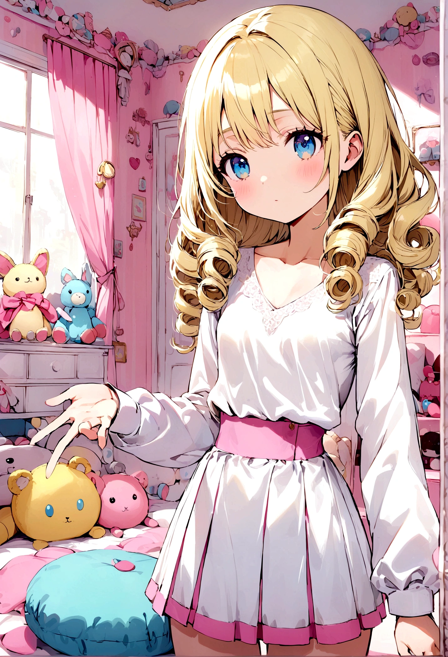 light yellow hair, loose, curly ends, blue eyes, age girl, white long sleeves, white miniskirt with pink elements, cute room with soft toys in the background. small breasts, thin waist