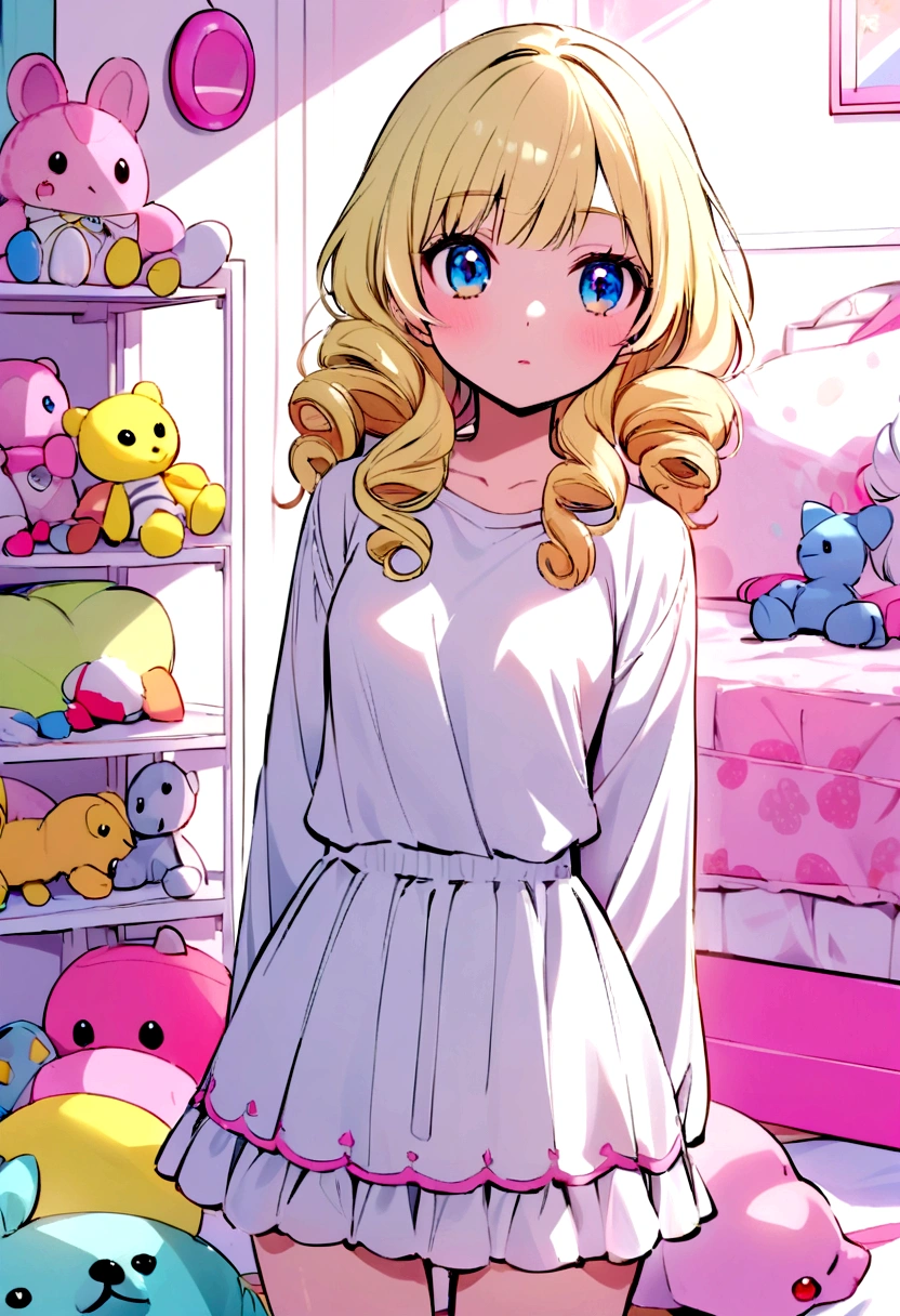 light yellow hair, loose, curly ends, blue eyes, teenage girl, white long sleeves, white miniskirt with pink elements, cute room with soft toys in the background. small breasts, thin waist