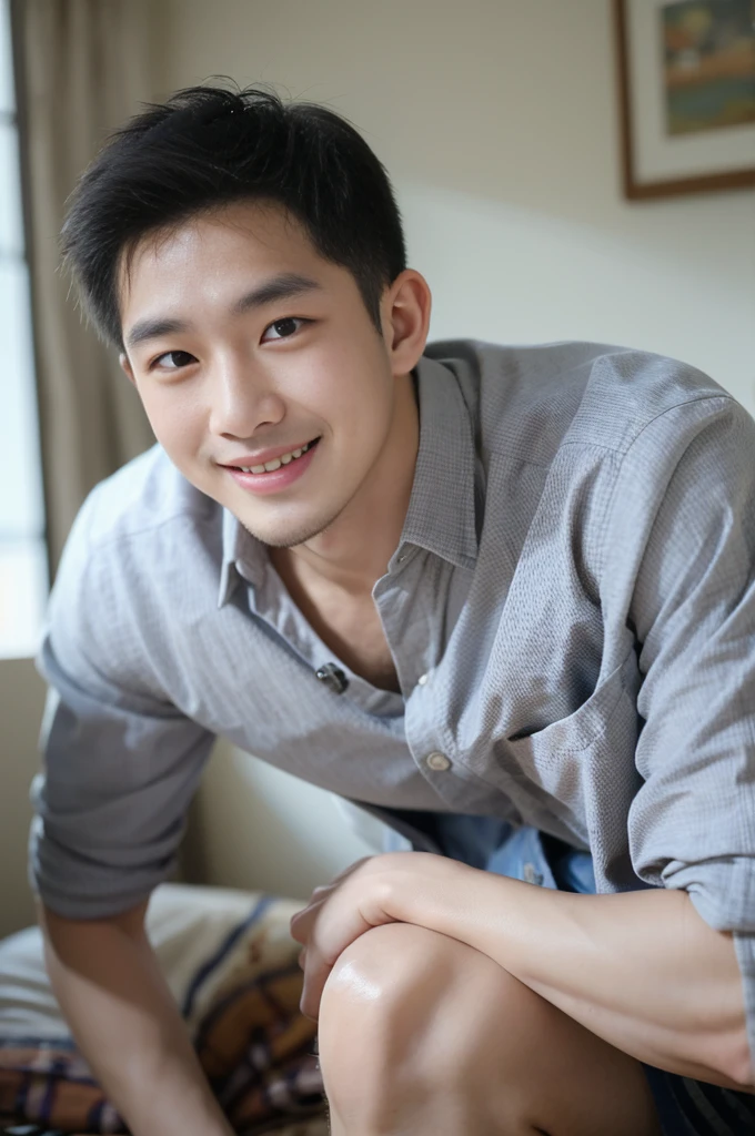 ((Highest quality, 8K, Masterpiece: 1.3))、Thailand Laos Burma Asia, Thai man, A handsome Asian rugby player with short hair, a muscular beard, and big muscles., 1A man who has、 yo、Good appearance、Beautiful nose、smile、 Detailed eyes and face、beautiful light、(studio)、high resolution、(Look at the viewer.)、Fine mouth、smile、whole body: 1.5, perfect shape: 1.3, looking at camera ,Gray button-down shirt , bedroom sunlight looking at the sea