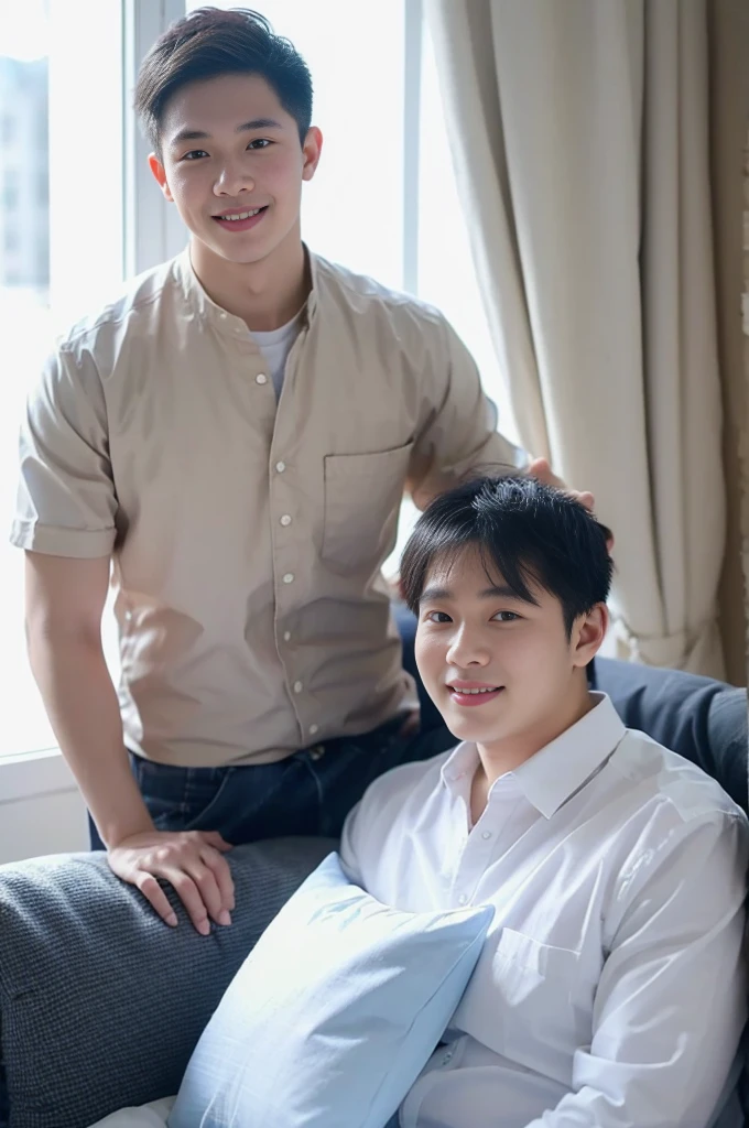 ((Highest quality, 8K, Masterpiece: 1.3))、Thailand Laos Burma Asia, Thai man, A handsome Asian rugby player with short hair, a muscular beard, and big muscles., 1A man who has、 yo、Good appearance、Beautiful nose、smile、 Detailed eyes and face、beautiful light、(studio)、high resolution、(Look at the viewer.)、Fine mouth、smile、whole body: 1.5, perfect shape: 1.3, looking at camera ,Gray button-down shirt , bedroom sunlight looking at the sea