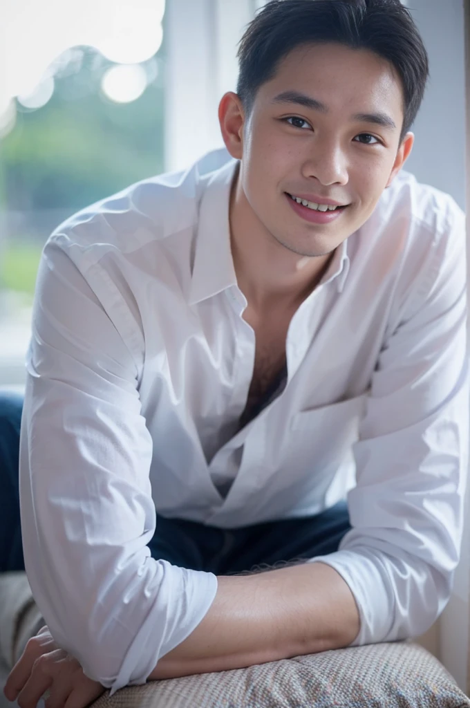((Highest quality, 8K, Masterpiece: 1.3))、Thailand Laos Burma Asia, Thai man, A handsome Asian rugby player with short hair, a muscular beard, and big muscles., １A man who has、 yo、Good appearance、Beautiful nose、smile、 Detailed eyes and face、beautiful light、(studio)、high resolution、（Look at the viewer.）、Fine mouth、smile、whole body: 1.5, perfect shape: 1.3, looking at camera ,Gray button-down shirt , bedroom sunlight looking at the sea