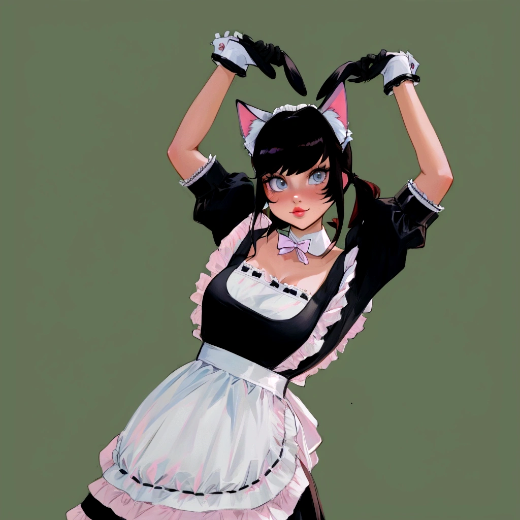 there is a woman in a maid outfit posing for a picture, cosplay of a catboy! maid! dress, maid outfit, anime cat girl in a maid costume, maid, french maid, gorgeous maid, anime girl in a maid costume, maid dress, , maid costume, attractive cat girl, girl with cat ears, bunny girl, with bunny ears