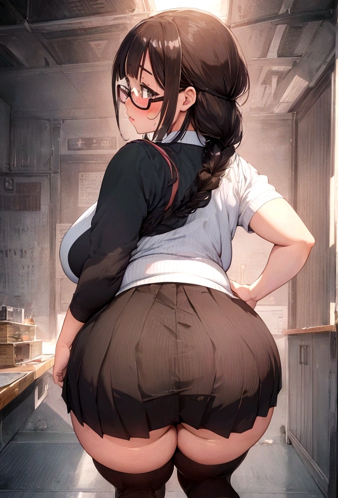 Anime-style image of a woman wearing a short skirt and glasses, {Lean back},hyperRealistic , a hyperRealistic , chic, Realistic , , Gwaiz, artwork in the style of Gwaiz, (SFW) Safe at Work, [ 4k digital art ]!!, Short full body portrait!,(masterpiece), (One serious civil service commissioner: 1.3), (Super thick and plump body: 1.3), (Huge breasts and buttocks)), (Small Head: 1.2), (Shiny skin: 1.2), (A speech while crouching in the stands in the schoolyard in the morning)), {fat},1boy, penis, doggystyle, from behind, spreadassms, chubby body, fat body, short,ultra detailed, masterpiece, best quality, blush, a woman, rolling eyes, open mouth, school girl, wearing , wearing glasses, classroom, sunset, light particles, hdr, brown grey hair, midium wavy hair, shiny hair, bang, single braid, clear grey eyes, Smiling Kiss, Tongue Out, アニメ ,orgasm face, sexual climax, bitch, back shot, back view, low angle, from below, back view, arched back, looking back, all fours, chubby body, BIG ASS , saliva, BBW, slender waist, anal, seiza, hands on head,white eyes, Hand Drawn, Showing Ass, Bobcut, Knee socks, (Super thick and plump body: 1.3), Butt sticking out, Close your legs, seiza, spread legs, pleated skirt, long pleated skirt, I can&#39;t see your butt, Buttocks hide,  Super big butt, Awesome numbness , Plump , Chubby, Butt sticking out,