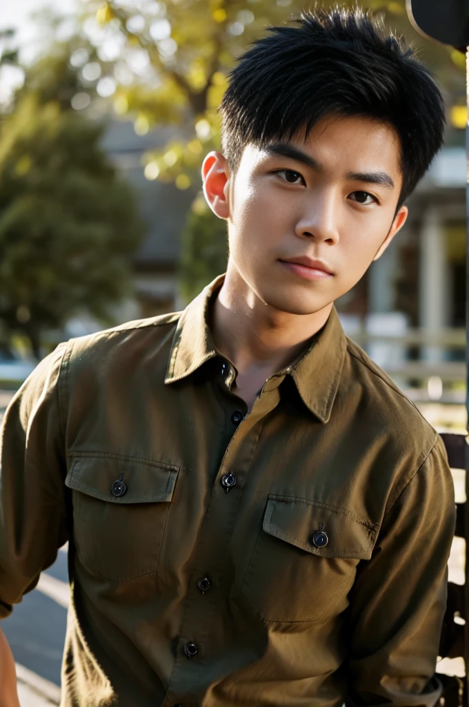 A young Asian man with large muscles looks at the camera. In a dark yellow button-up shirt. , measure , Normal sunlight