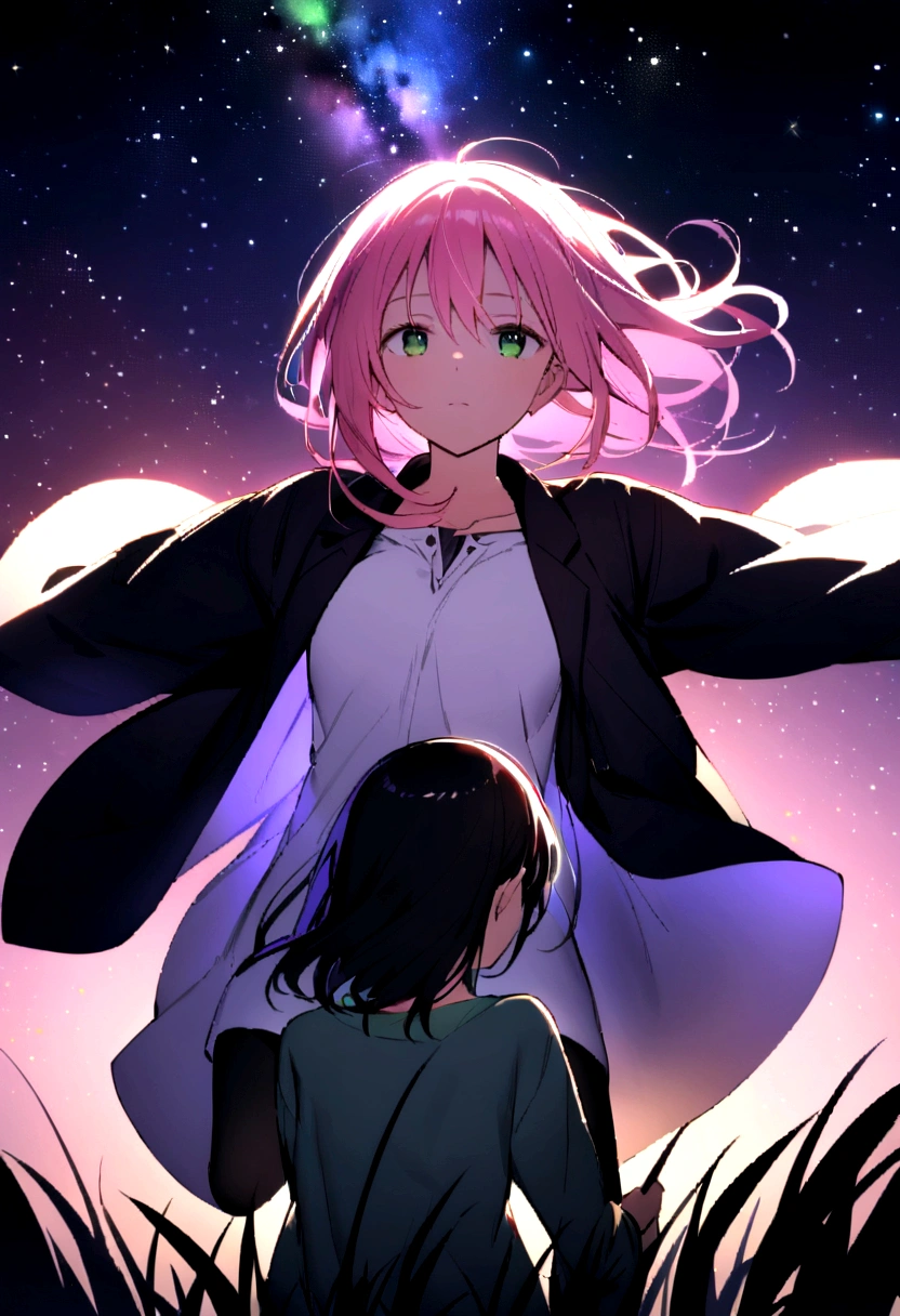 "A black girl with straight, pink hair and bright green eyes lies on the grass next to a white boy with black hair and deep dark purple eyes. Both are dressed casually, their clothes insignificant in the beauty of the moment. They gaze at the starry sky, the stars reflecting in their eyes, creating an atmosphere of serenity and reflection under the vast cosmos above."


