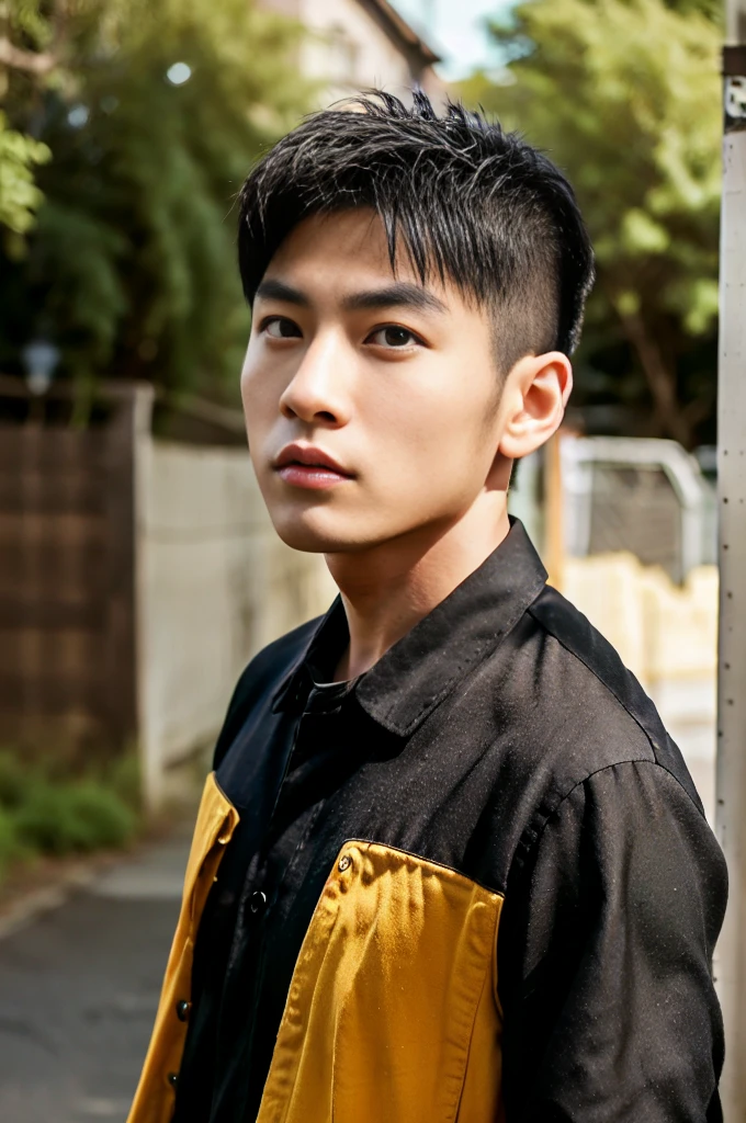 A young Asian man with large muscles looks at the camera. In a dark yellow button-up shirt. , measure , Normal sunlight