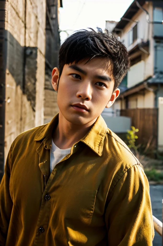 A young Asian man with large muscles looks at the camera. In a dark yellow button-up shirt. , measure , Normal sunlight